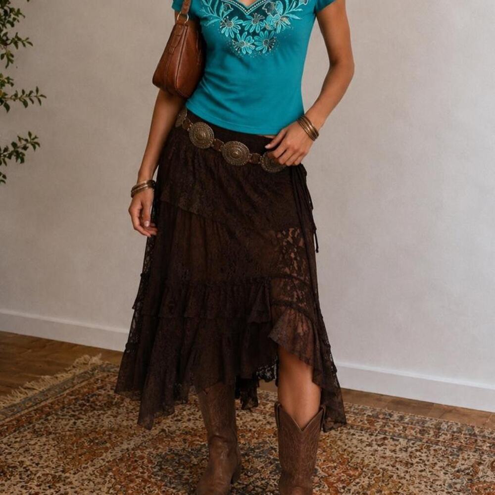 Teal Embroidered Y2K Boho Floral Top Garden Fairycore Cottagecore Festival Tee